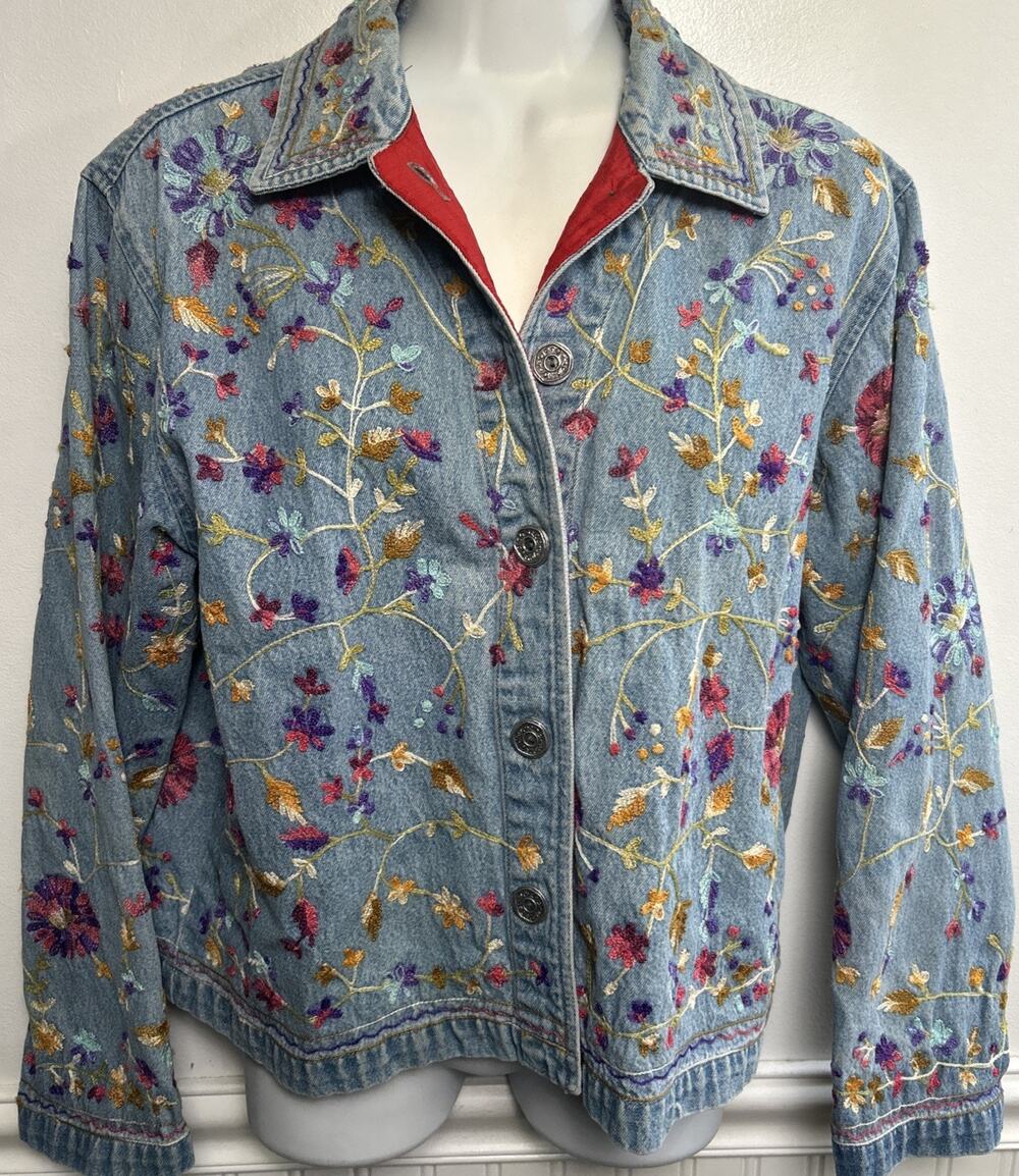Chico's Design Vintage Floral Embroidered Denim Jacket Womens 1 Small Boho Artsy